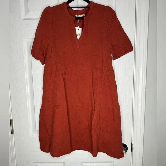 MARINE LAYER NWT Jamie Short Sleeve Mini Dress Barn Red Size Small Pockets - Picture 3 of 9
